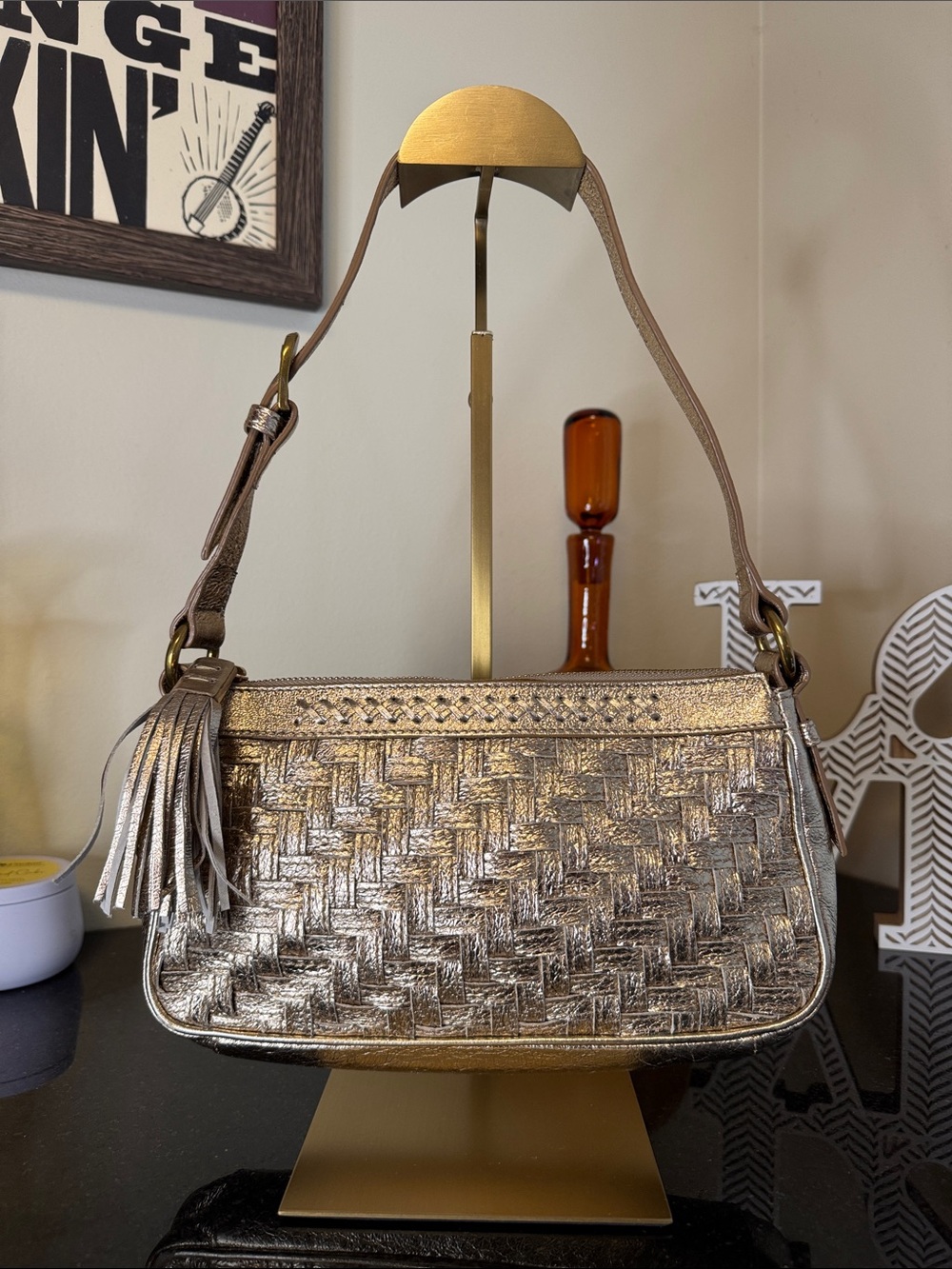 Elliott Lucca Metallic Gold Woven Shoulder Bag with Tassel